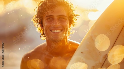 A joyful male surfer with curly hair is standing holding his surfboard in sunset light, with water droplets around © ChaoticMind