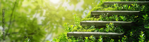 A staircase made of growing plants, each step represents an increase in savings, leading up to a goal marker at the summit