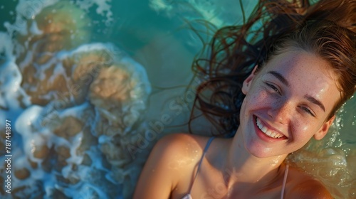 An overhead shot captures a youthful woman lying in clear blue water, her hair spread around her, smiling at the camera
