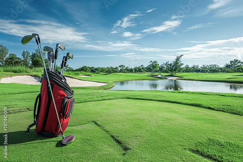 Sports bag with golf clubs stands on a green golf course, Golfing bags with clubs on golf course green grass background.