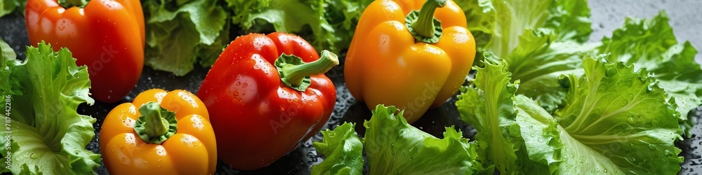 Peppers and fresh lettuce leaves in water drops. Consumption of food and vegetables. Fresh vegetables against a dark background. Fresh vegetables splashing in splashes of clean water, healthy food con Peppers and fresh lettuce leaves in water drops. Consumption of food and vegetables. Fresh vegetables against a dark background. Fresh vegetables splashing in splashes of clean water, healthy food con