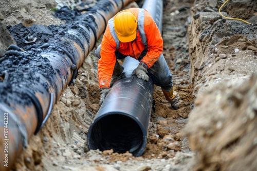 Determined technician servicing a pipeline ensuring proper installation in a construction trench