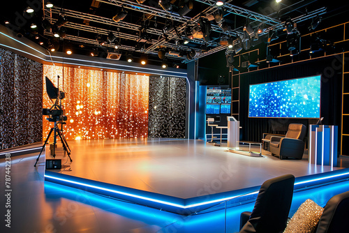 News Virtual set studio. Modern, virtual TV show background, Artistic tv shows, tech infomercials or launch events. VR tracking system stage sets. photo