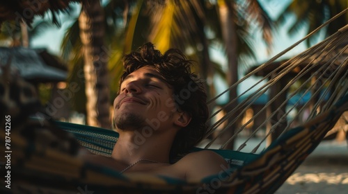 Relaxed individual enjoying a peaceful moment in a hammock, surrounded by tropical beach scenery © ChaoticMind