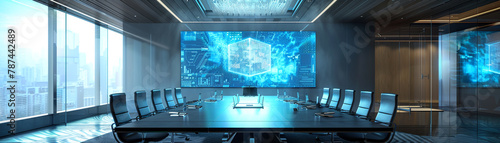 A meeting room with a holographic cube centerpiece, rotating and showcasing various wonders of modern technology