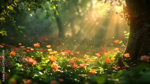 Beautiful field of flowers in forest, sun shining through trees