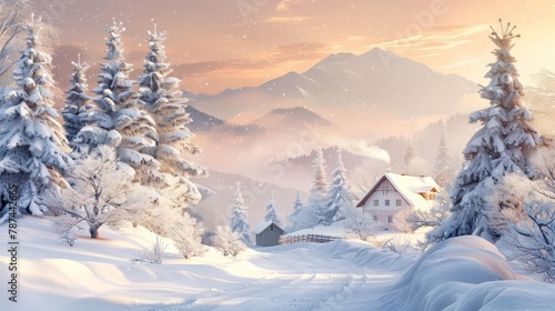 idyllic winter christmas scene with snowcovered landscape holiday banner design digital illustration © Bijac