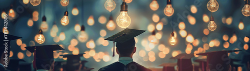 A graduation ceremony with lightbulbs illuminating above each graduate's head, representing the bright spark of wisdom and knowledge