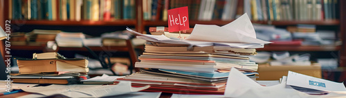 A cluttered desk with mountains of paper and a small flag with the word 'help' visible, showcasing the overwhelm in office settings