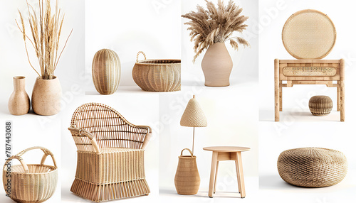 Collage of stylish rattan baskets and furniture on white background