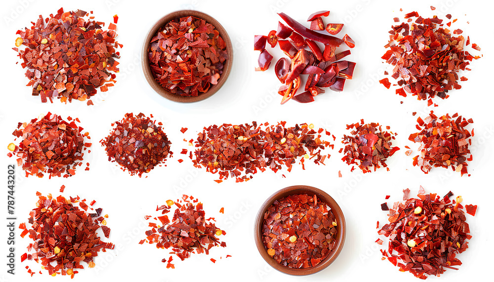 Collage of red chili flakes on white background, top view - obrazy, fototapety, plakaty 