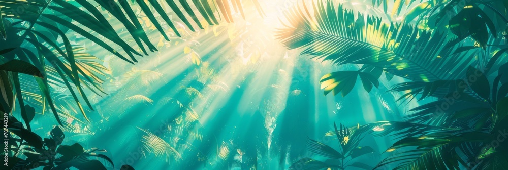 Fototapeta premium Illustration of a wild tropical jungle in muted green colors, , bright sun rays penetrating through palm trees and plants, banner
