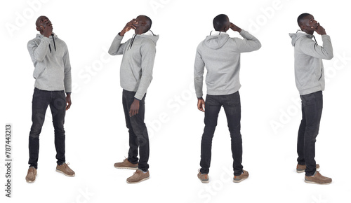 various poses of a group of same man thinking and looking up on white background