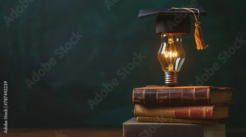 A lightbulb glowing over a stack of books, a graduation cap perched on top, symbolizing the enlightenment through education and knowledge