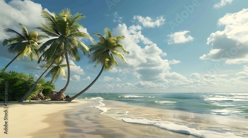 The perfect beach scene. White sand, blue water, and palm trees. A beautiful day in paradise. © Amil