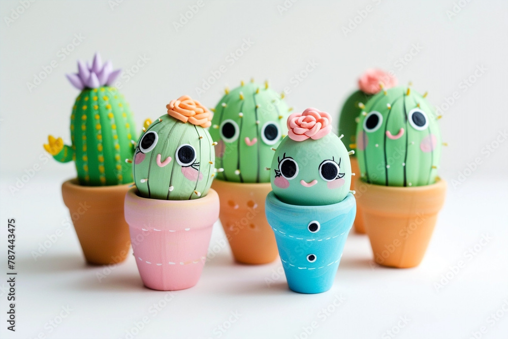 Fototapeta premium Cute kawaii succulents with eyes in colorful pots. Home decor