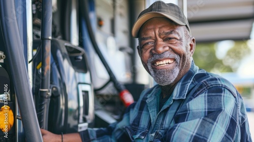 A truck driver smiling as he fills his tank with biofuel at a fueling station a clear sign that the transportation industry is also recognizing the biofuel difference and making efforts .