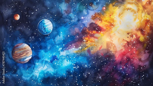 majestic galaxy with planets and stars in deep space cosmic watercolor painting