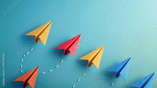 A sequence of paper airplanes increasing in design complexity heading towards a target  illustrating progression and refinement in aims
