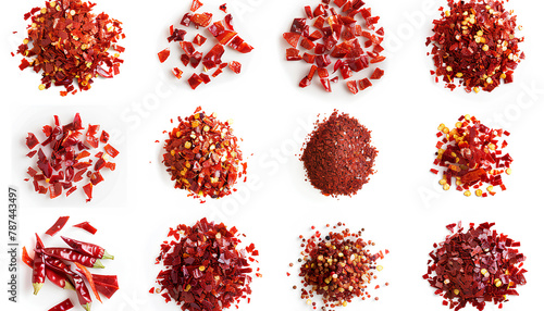 Collage of red chili flakes on white background, top view photo