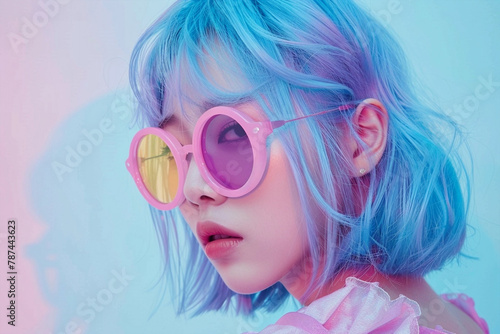 Asian blue haired fashion model in glasses