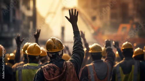 Group of construction workers raising their hands up at a construction site.