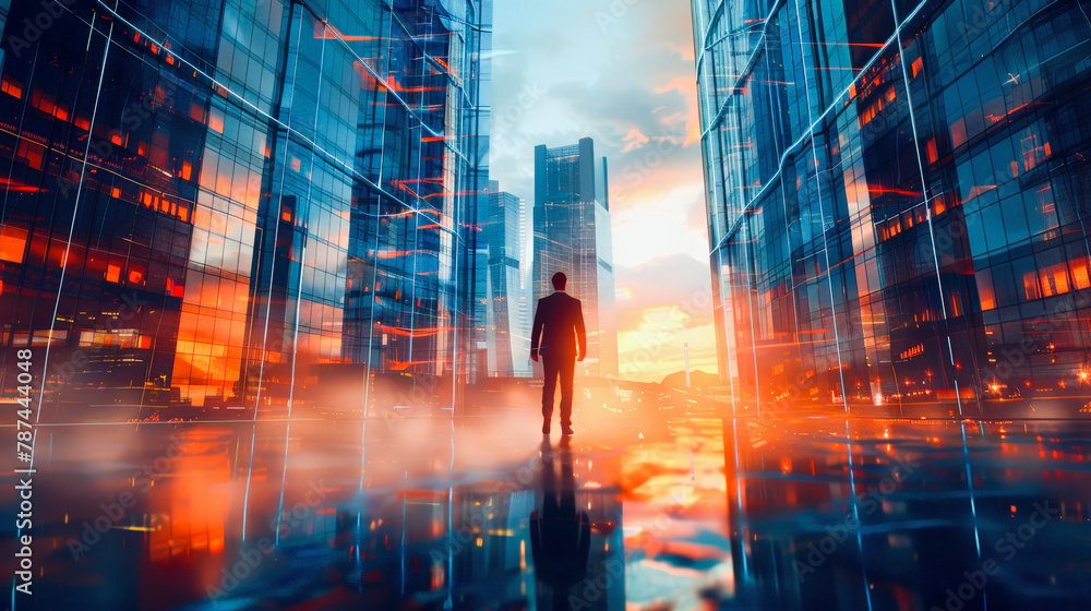 A person stands amidst reflective high-rise buildings under a vibrant sunset, exuding an urban futuristic ambiance with mist on the ground.