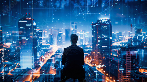 Man sitting high above a futuristic cityscape at night, pondering over a network of glowing digital lines and connections.
