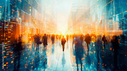 Abstract image: Silhouetted people walking through a vibrant, futuristic cityscape with reflective surfaces and a bright, sunlit horizon, Everyday Business
