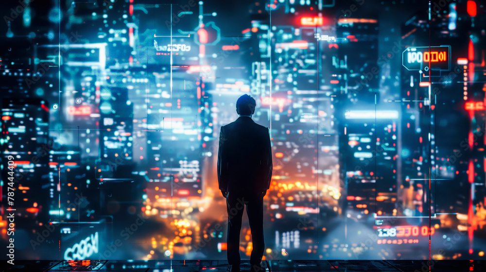 A person stands silhouetted against a vibrant futuristic cityscape illuminated with neon lights and digital data overlays at night, Everyday Business