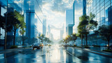 Caption: Wet urban street reflecting sunlight amidst towering glass skyscrapers, with cars driving on a clear morning in the city.