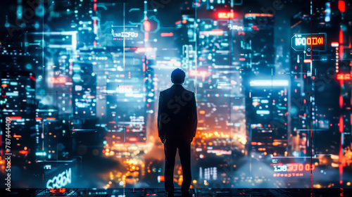 A person stands silhouetted against a vibrant futuristic cityscape illuminated with neon lights and digital data overlays at night, Everyday Business