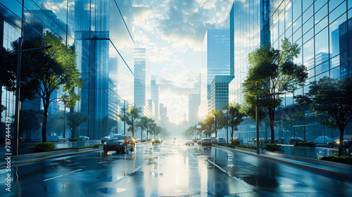 Caption: Wet urban street reflecting sunlight amidst towering glass skyscrapers, with cars driving on a clear morning in the city.