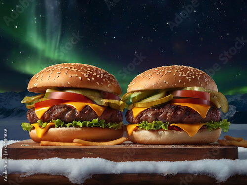 A mouth watering yummy large burger on wooden stand in winter north pole lights. Homemade unhealthy fast food, copy space. photo