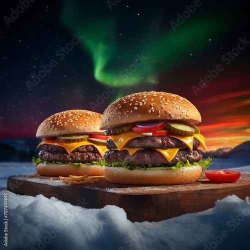 A mouth watering yummy large burger on wooden stand in winter north pole lights. Homemade unhealthy fast food, copy space. photo