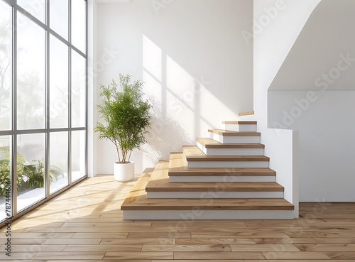 A modern wooden staircase in an open plan home