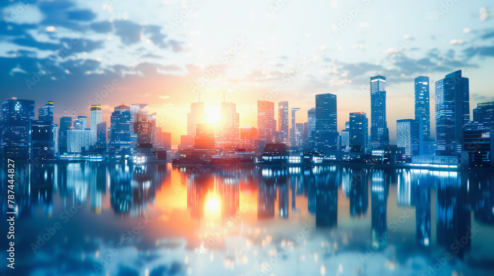 Fototapeta premium Sunset skyline of a modern city with skyscrapers reflecting in calm water, with a vibrant blue and orange color palette, Everyday Business