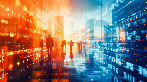 Silhouettes of business people walking through a futuristic data tunnel with glowing digital binary code and cityscape background  Everyday Business