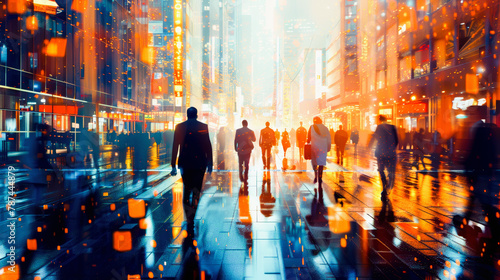 Silhouetted figures walking on a vibrant city street with glowing lights and reflective surfaces creating an urban, futuristic atmosphere, Everyday Business