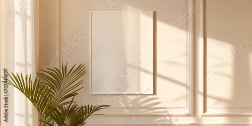 Video mockup of black canvas or picture frame for big poster in white minimalistic interior. Empty room for exhibition. With warm sunny light