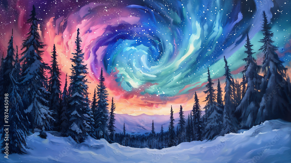Northern Lights, dancing across starry sky, ethereal glow, snowy landscape, towering pine trees, aurora borealis, natural phenomenon, magical, breath taking, celestial display,