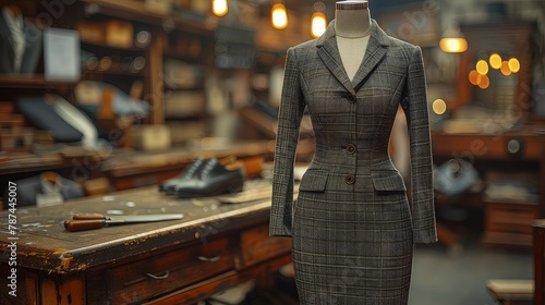 Formal suit from the latest collection on mannequin in a modern atelier. A sophisticated sexy grey suit with intricate detailing.