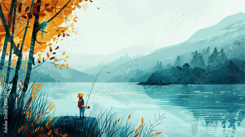  illustration of a lakeside fishing spot, where a lone angler patiently waits for the big catch. photo