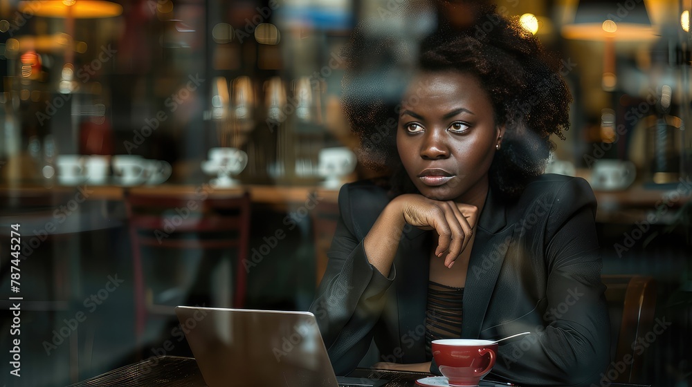 Young African American woman working with laptop at a cafe. View through the glass of the showcase. A picture of concentration, she effortlessly balances work and coffee.