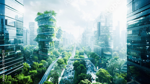 Futuristic green cityscape with tree-covered skyscrapers, streamlined roads, and abundant foliage integrating nature into urban environment for sustainable development. photo
