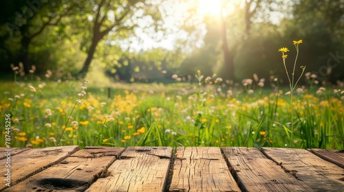 serene spring green meadow with wooden table for product display blurred nature background stock photography