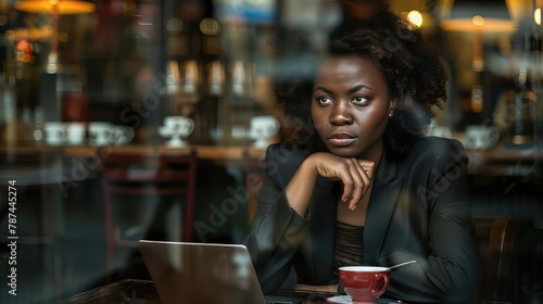 Young African American woman working with laptop at a cafe. View through the glass of the showcase. A picture of concentration, she effortlessly balances work and coffee. © Liaisan