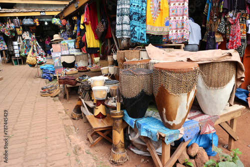 African traditional market with handmade souvenirs in Kampala city. Souvenir Shop in Uganda. Kampala - Uganda
