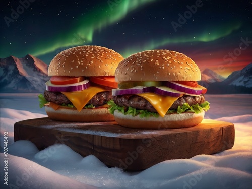 A mouth watering yummy large burger on wooden stand in winter north pole lights. Homemade unhealthy fast food, copy space. photo