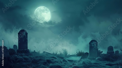 spooky cemetery landscape with old tombstones and eerie fog under full moon horror halloween illustration